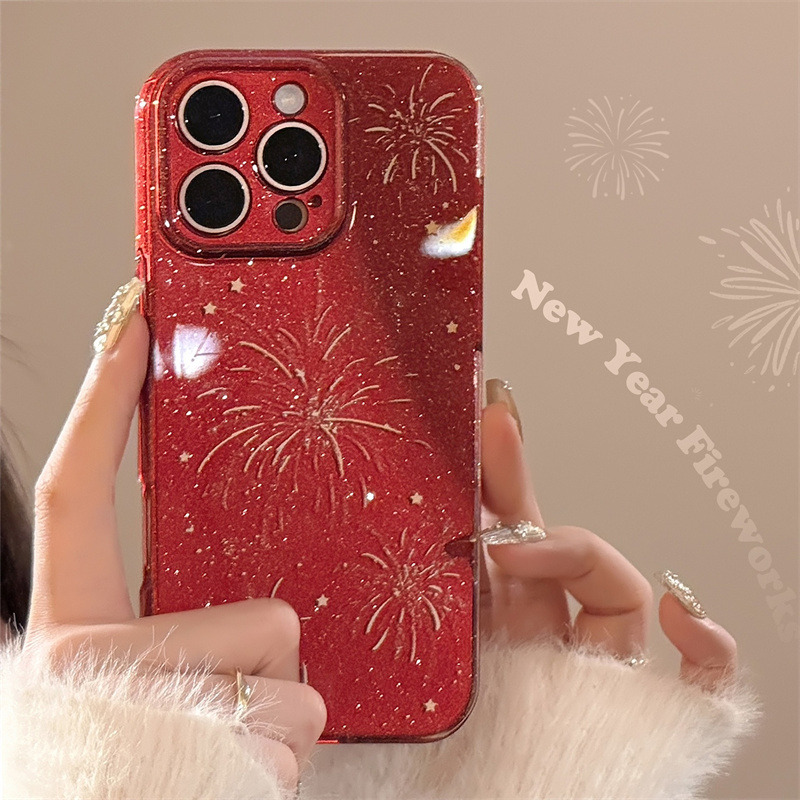 11623929.新年烟花适用于苹果16promax手机壳iphone15喜庆闪粉14软13简约高级红色手机壳