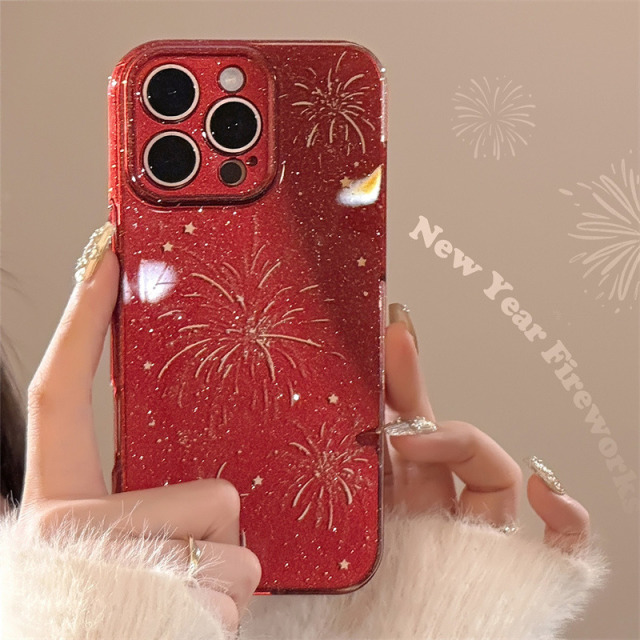 11623929.新年烟花适用于苹果16promax手机壳iphone15喜庆闪粉14软13简约高级红色手机壳