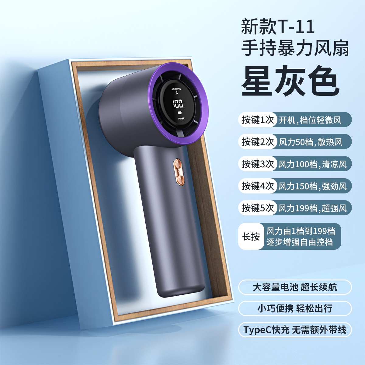 12082351.2025新款智能数显手持风扇便携式涡轮小风扇强劲风速桌面静音学生宿舍风扇大电池超长续航户外