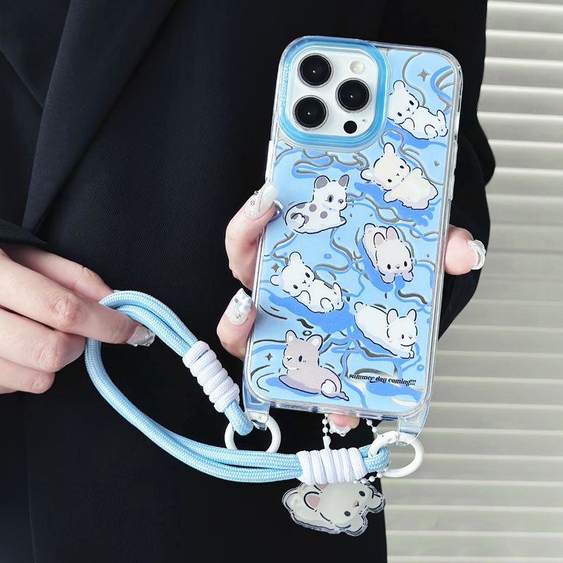 12164730.适用iPhone16ProMax挂绳镜面手机壳苹果15Pro手挂绳保护套14补妆镜Plus潮11pm手机壳
