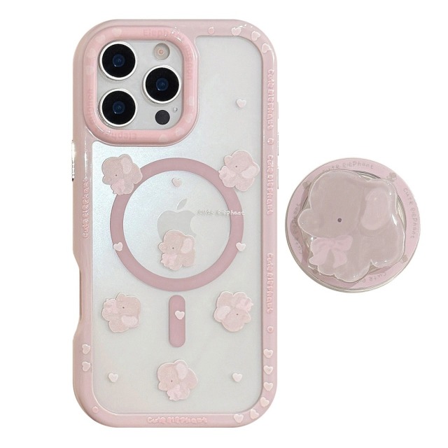 12448892.日韩ins卡通粉色小象磁吸支架手机壳iPhone15/16ProMax小众简约苹果13/14可爱少女心11/12小清新壳
