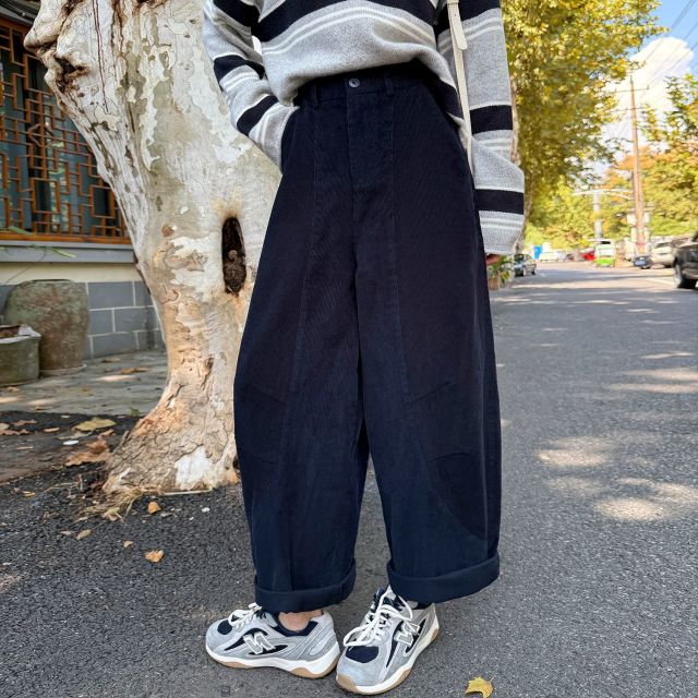 12775667.大码美拉德加绒灯芯绒弯刀裤女秋冬新款胖mm高腰显瘦九分阔腿裤子