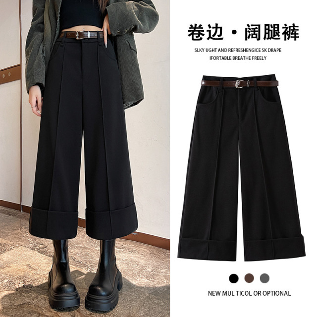 12892598.加厚卷边毛呢阔腿裤女秋冬高腰直筒八分小个子翻边休闲西装裤靴裤