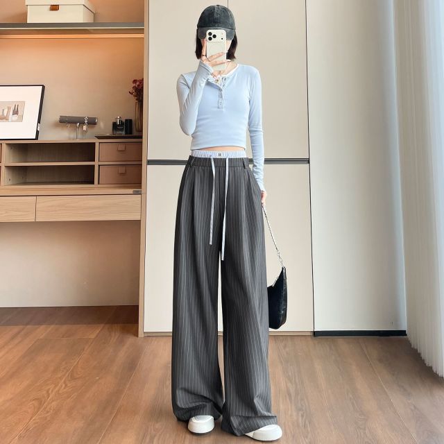 13189183.撞色拼接条纹西装裤女春秋高腰垂感双腰头加长拖地阔腿裤