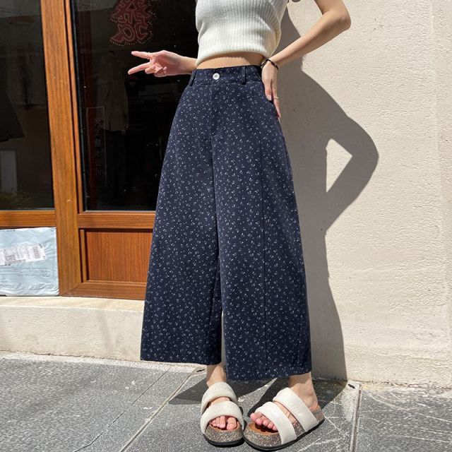 13584261.洗水棉碎花阔腿裤女夏季薄款小个子高腰显瘦九分裤百搭宽松休闲裤