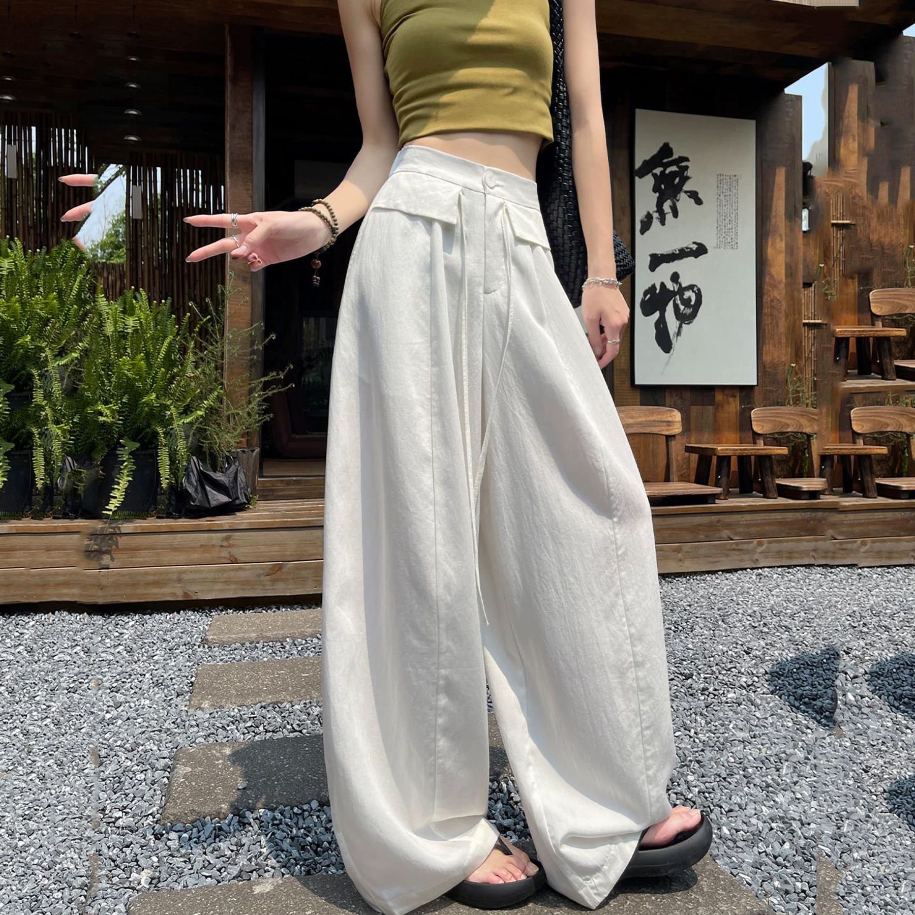 13668042.白色天丝亚麻阔腿裤女夏季薄款老钱风冰丝休闲裤莱赛尔西装弯刀裤