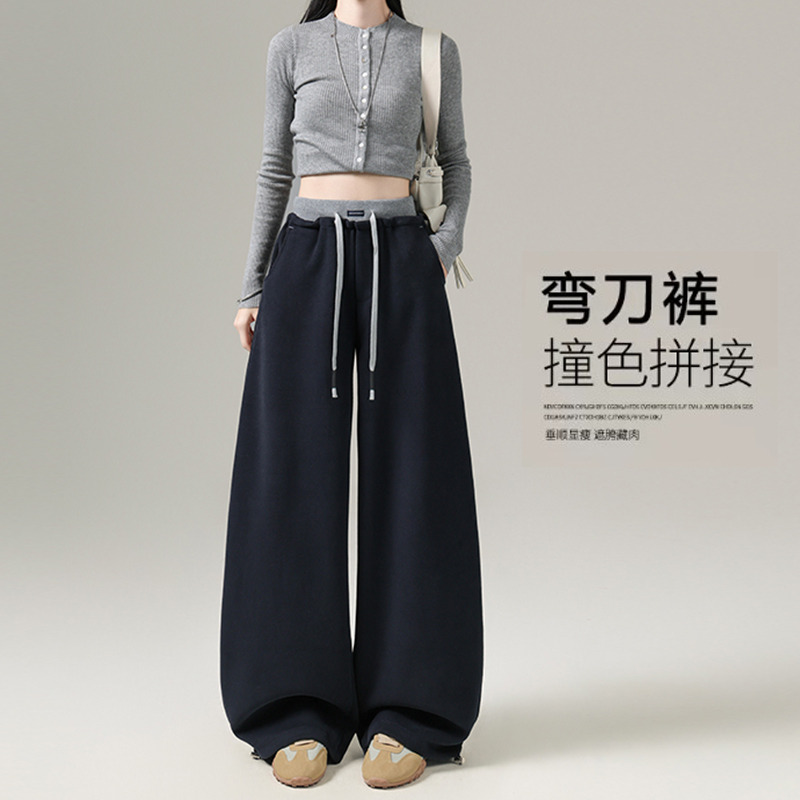 13793590.美式弯刀运动裤女春秋拼接高腰直筒宽松休闲阔腿梧桐卫裤