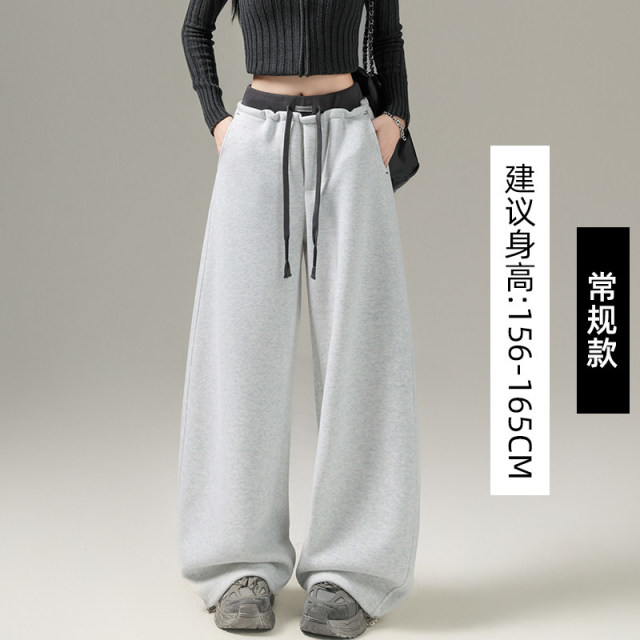13793590.美式弯刀运动裤女春秋拼接高腰直筒宽松休闲阔腿梧桐卫裤