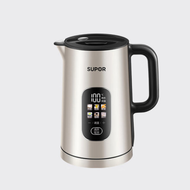 10239314.苏泊尔（SUPOR）电水壶双层保温防烫热水壶彩钢外壳大屏显温带防尘盖全钢无缝316L不锈钢烧水壶家用SW-15S02FQ