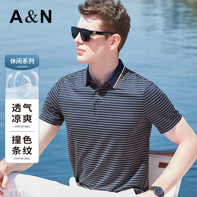 10594160.【色织条纹】商务休闲Polo衫男短袖夏季新款弹力经典t恤上衣