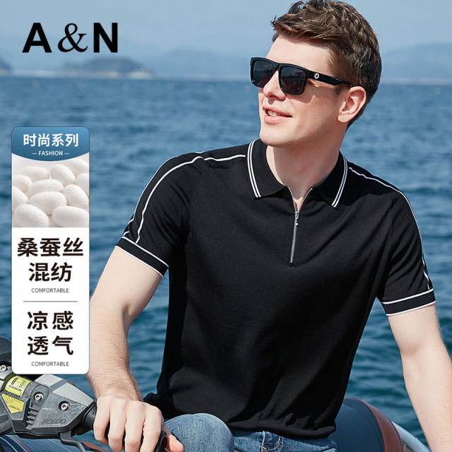 10596724.【含桑蚕丝】夏季新款半开拉链Polo衫男亲肤透气短袖针织T恤