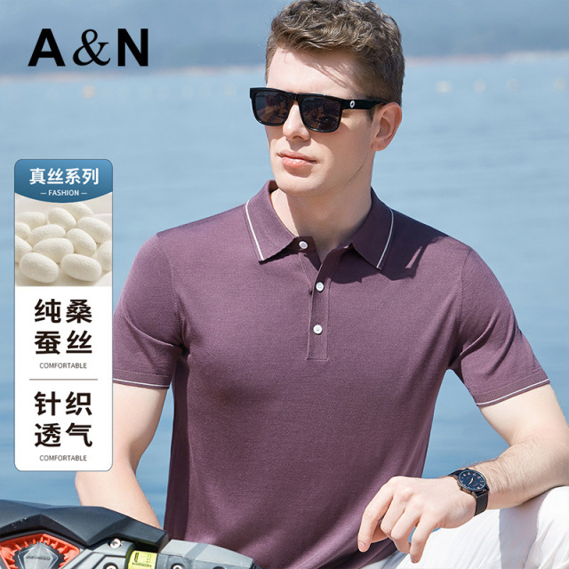 10596235.【100%桑蚕丝】夏季真丝男士t恤短袖薄款凉爽亲肤翻领体恤衫