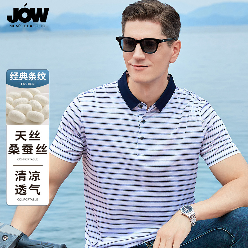 10655076.【9.7%桑蚕丝+莱赛尔】经典商务条纹男士POLO衫夏季凉爽透气短袖T恤