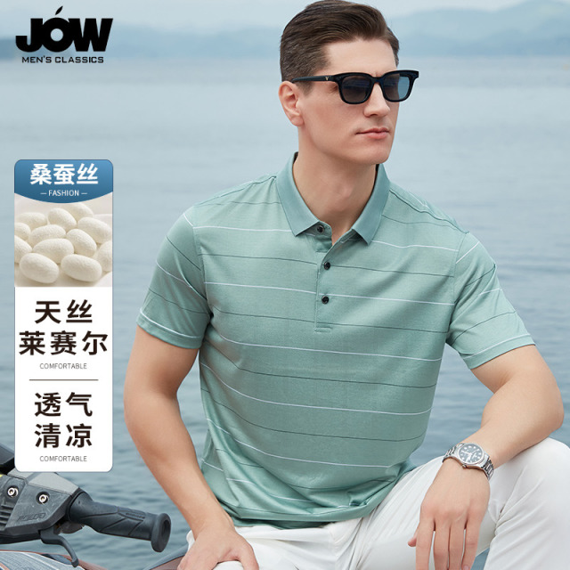 10654979.【9.7桑蚕丝+莱赛尔】乔沃男士短袖t恤休闲时尚翻领条纹POLO衫