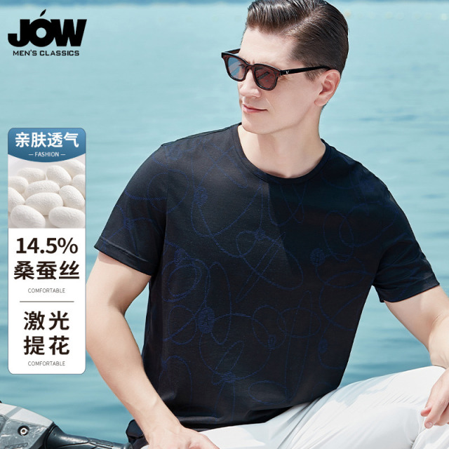10662575.【14.5%桑蚕丝+棉】圆领提花短袖t恤男夏季薄款高端上衣