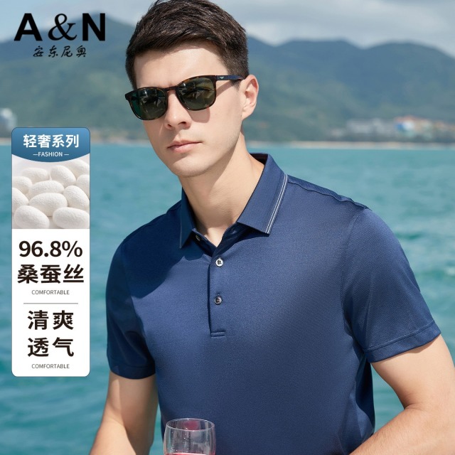 11797671.【96.8%桑蚕丝】短袖Polo衫男夏季商务休闲中年纯色T恤