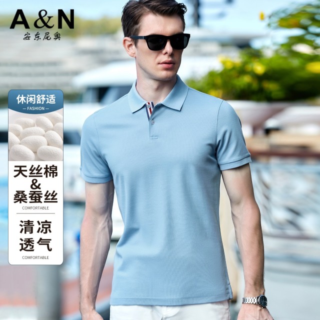 11799212.【桑蚕丝+长绒棉】安东尼奥纯色百搭珠地网眼男式冰丝POLO衫短袖T恤