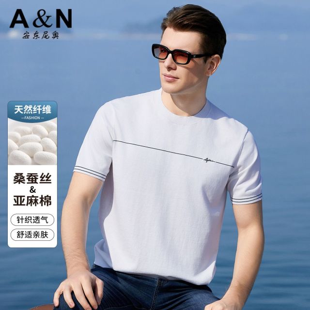 11802202.【自然纤维】含桑蚕丝亚麻棉短袖T恤男夏季薄款透气半袖针织衫