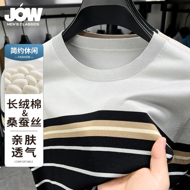 11852596.【含桑蚕丝】乔沃夏季条纹商务休闲百搭圆领T恤男
