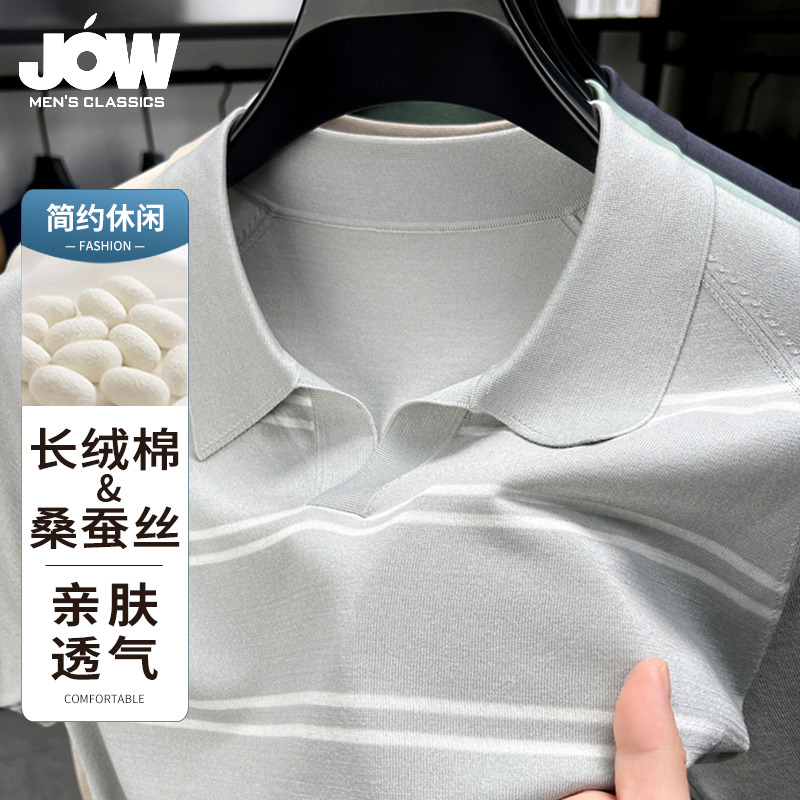 11852581.【品质桑蚕丝】乔沃夏季条纹商务休闲翻领T恤男