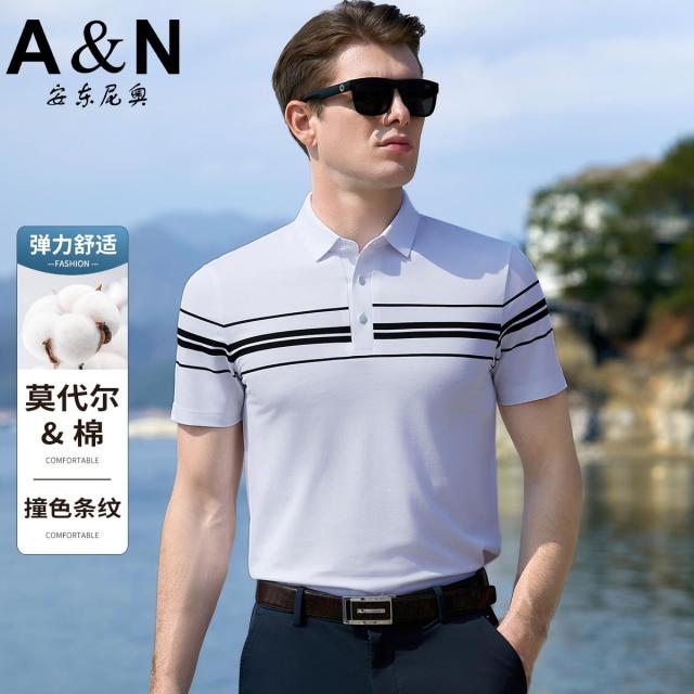 11865433.【莫代尔&棉】夏季商务休闲撞色条纹POLO衫弹力男士t恤短袖