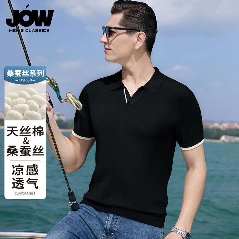 11884852.【含桑蚕丝 时尚海鸥领】乔沃夏季透气提花休闲男士短袖T恤