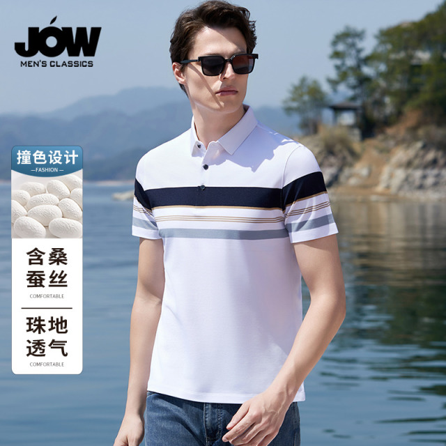 12081078.【桑蚕丝】短袖Polo衫男夏季清凉舒适条纹休闲T恤上衣