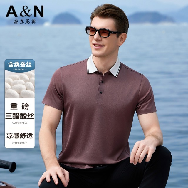 12107978.【三醋酸&含桑蚕丝】撞色条纹翻领短袖POLO衫男商务休闲顺滑T恤