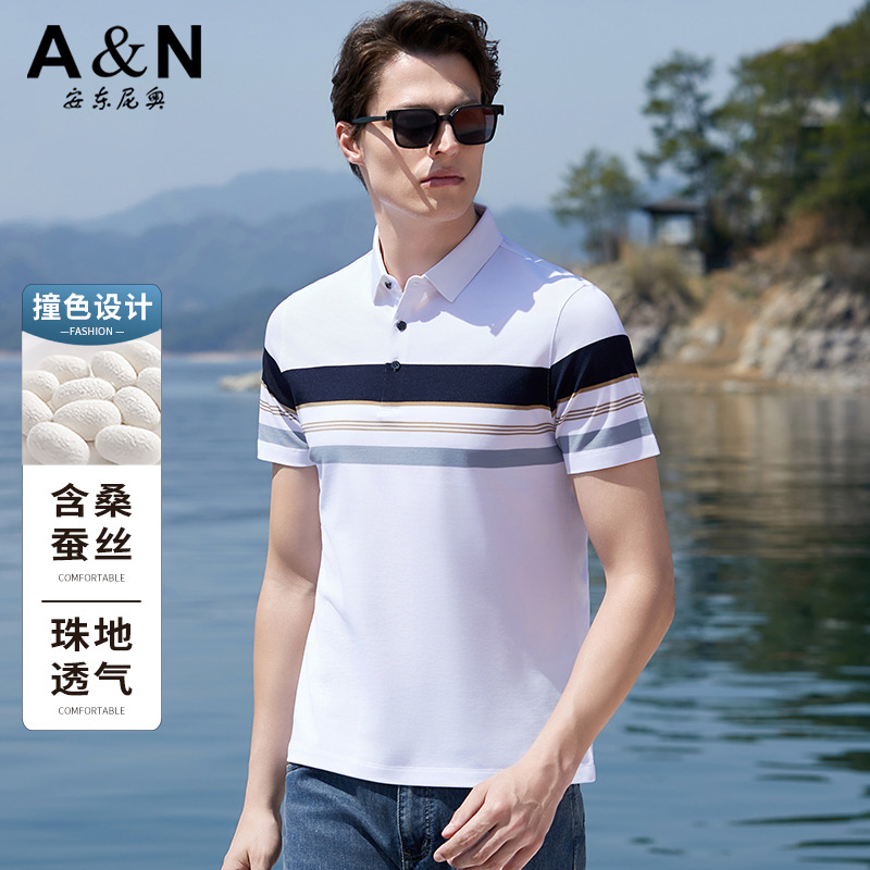 12110011.【桑蚕丝】安东尼奥短袖Polo衫男夏季清凉舒适条纹休闲T恤上衣