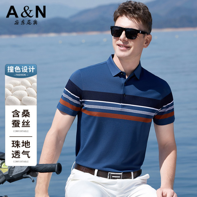 12110011.【桑蚕丝】安东尼奥短袖Polo衫男夏季清凉舒适条纹休闲T恤上衣