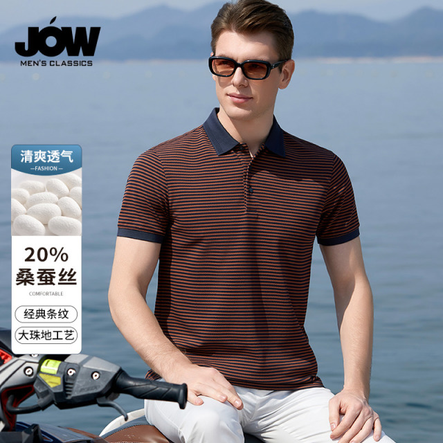 12310348.【20%桑蚕丝&珠地棉】经典商务条纹POLO夏中年男士短袖T恤衫