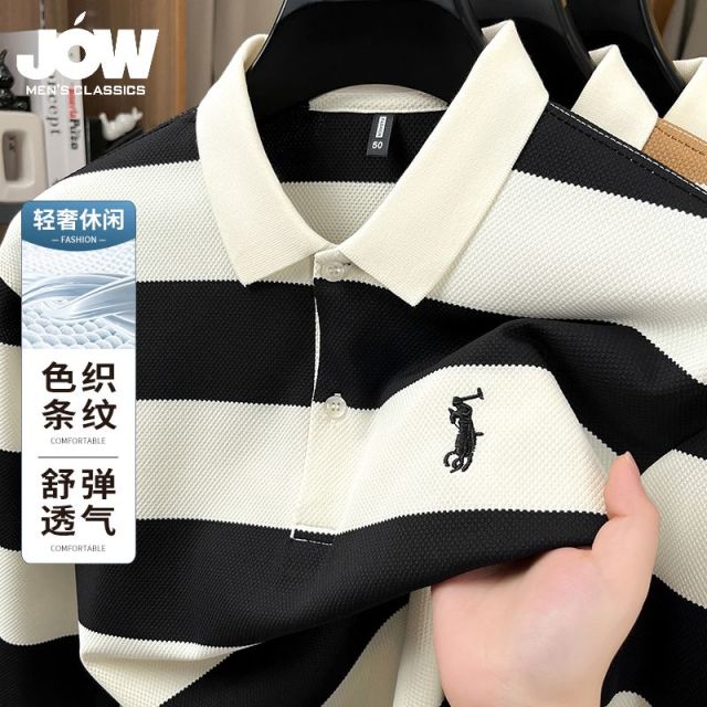 12480956.【时尚条纹】早秋舒适顺滑休闲商务百搭男式长袖Polo衫