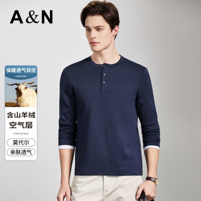 13255007.【山羊绒&空气层】亲肤门筒圆领长袖T恤男春打底上衣