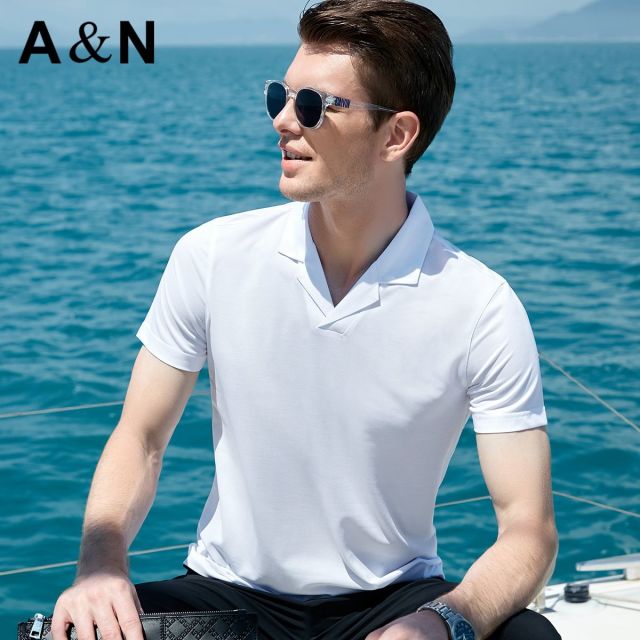 13657046.【桑蚕丝+棉混纺】夏季短袖T恤男纯色百搭珠地翻领半袖体恤衫