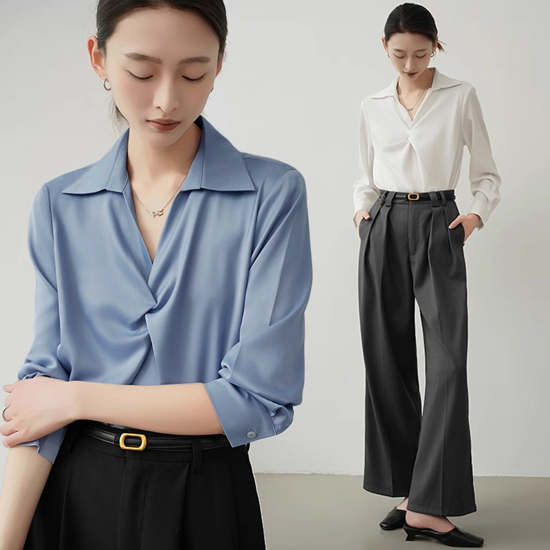 12472200.FEIMI春季一见倾心V领缎面高知通勤衬衫