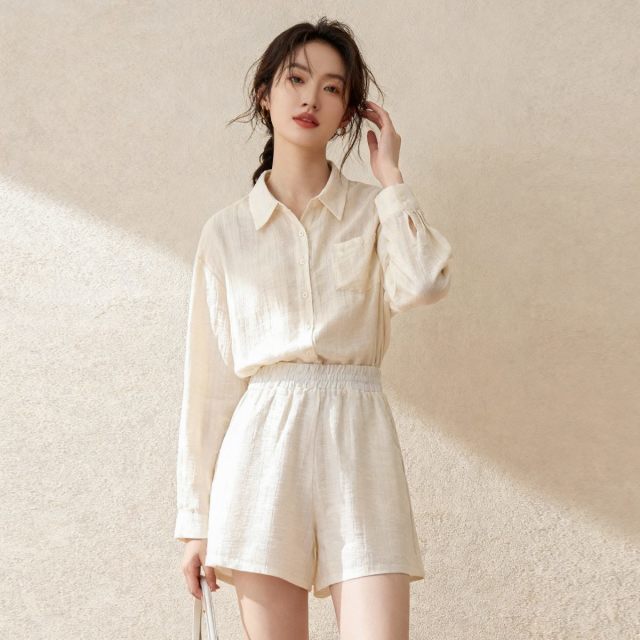 13369365.FEIMI夏日清爽套装天丝莱赛尔设计感衬衫+遮胯显瘦短裤两件套