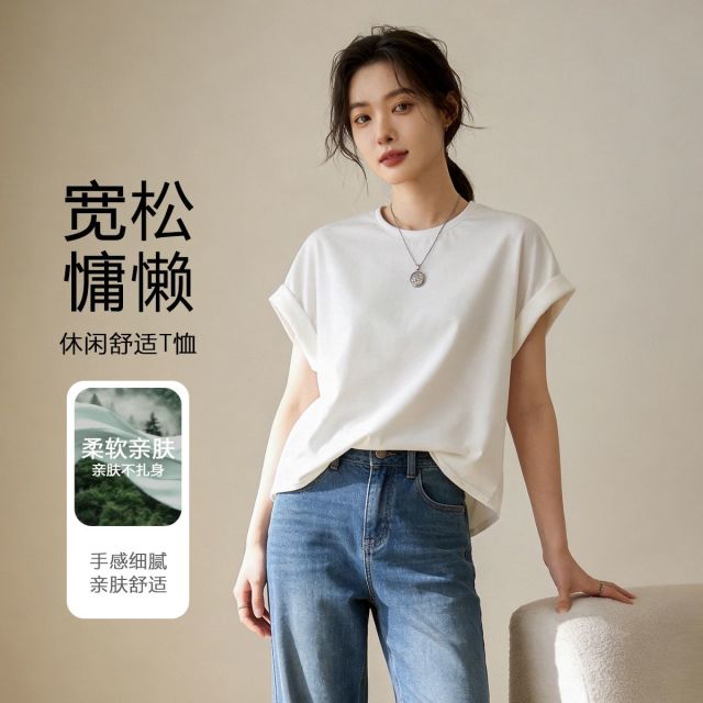 13364727.FEIMI夏季慵懒氛围感卷边袖白T短袖上衣
