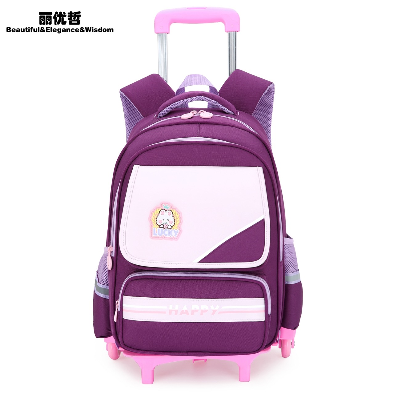 12365634.丽优哲男女小学生书包拉杆书包学生大容量护膝带轮拉杆背包拖拉爬楼轻便双肩包
