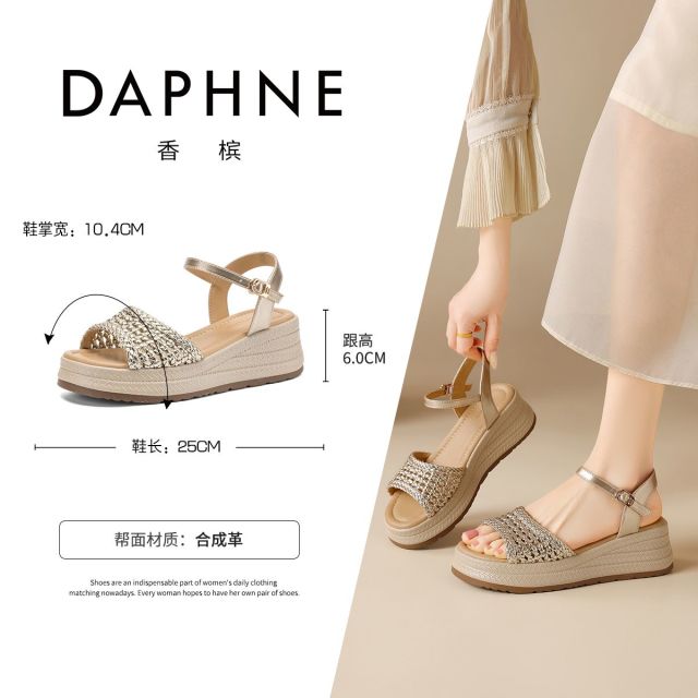 13764091.达芙妮坡跟凉鞋女夏季编织镂空罗马凉鞋一字带厚底沙滩鞋