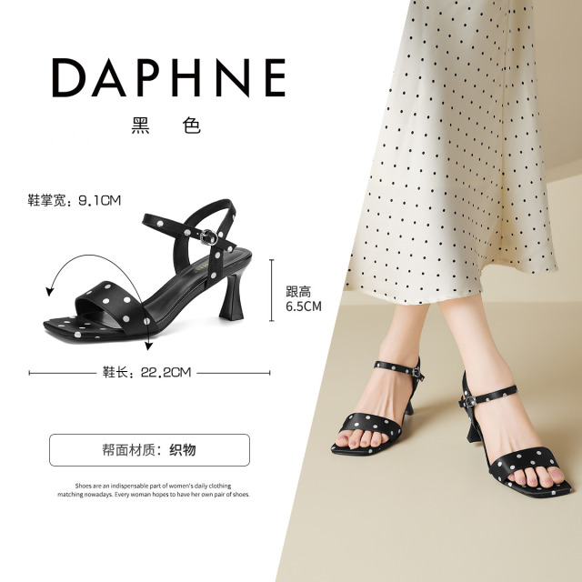 13764060.达芙妮法式波点细跟高跟凉鞋女夏季一字带露趾凉鞋