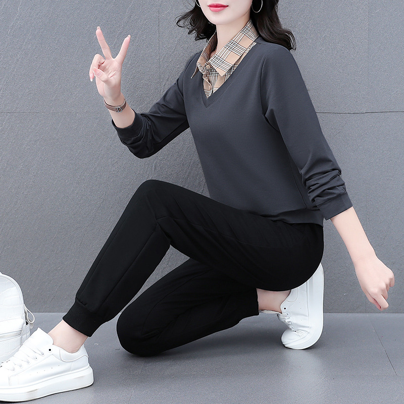 10437788.克里普 秋季假两件格子衬衫长袖女秋季新款修身套装