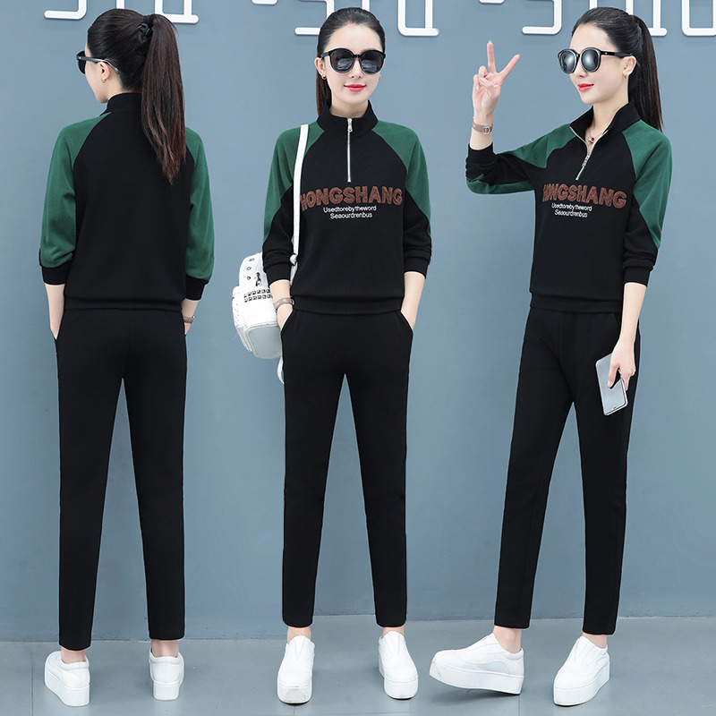 10438234.克里普 两件套新款女装秋冬立领拼色印花卫衣修身显瘦时尚套装女