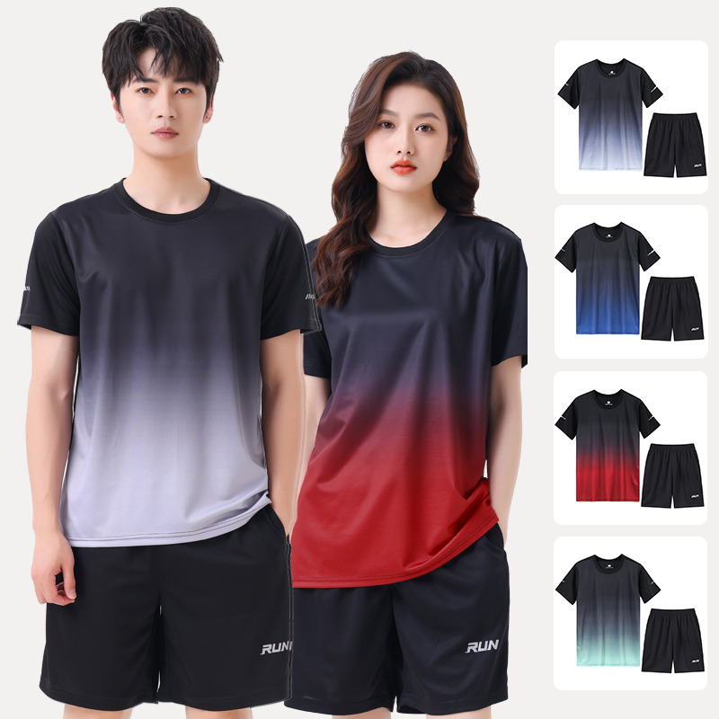 10621855.克里普 渐变色圆领衣服男士短袖t恤夏季新款潮牌短裤休闲套装大码运动服情侣套装