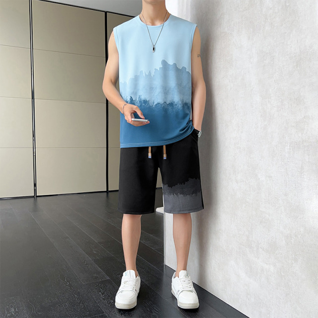 10670490.VPN 休闲运动套装男士夏季薄款跑步健身衣服背心短裤无袖t恤