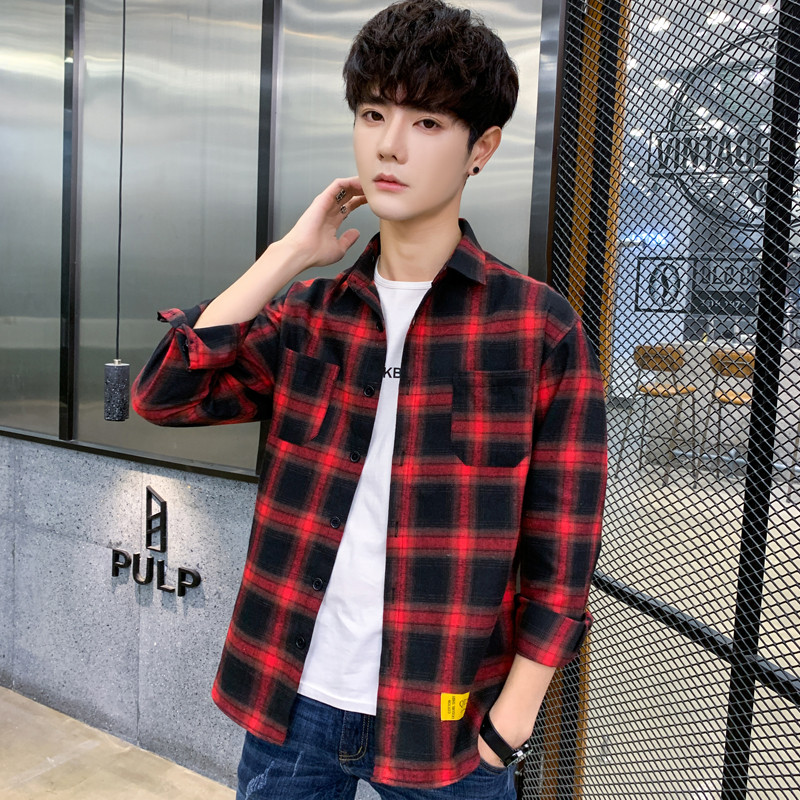 10991827.VPN 青少年春秋款复古条纹翻领格子衬衫男士长袖休闲衬衣外套潮