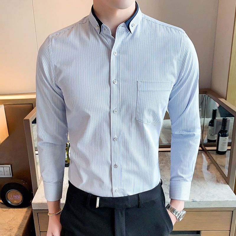 10994348.克里普 秋季长袖条纹衬衫休闲商务职业衬衣男士上衣