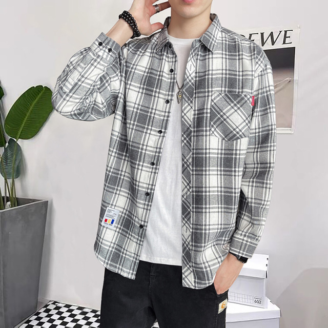 10994570.克里普 春秋季潮流格子衬衫男港风休闲长袖外套青少年男装上衣