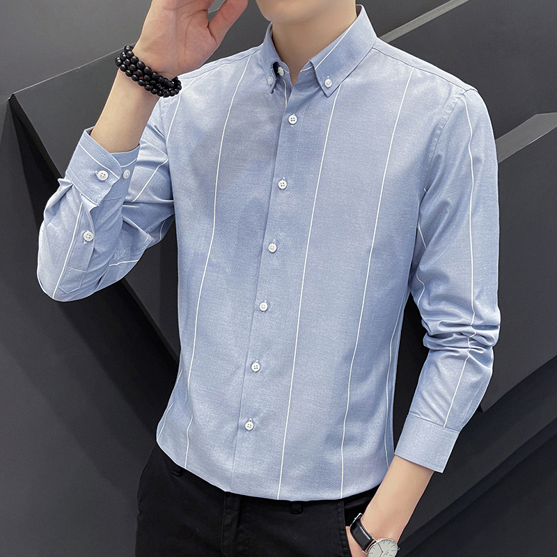 10994877.克里普 条纹长袖衬衫男春秋季潮牌修身上衣男士职业正装商务休闲衬衣男夏