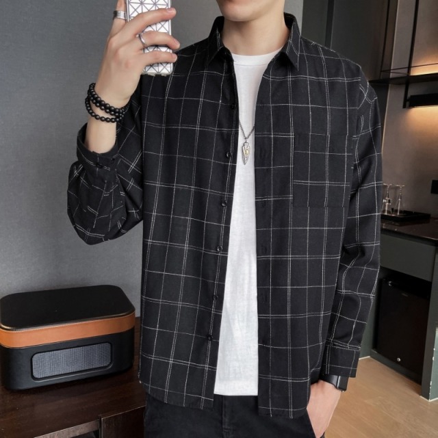 10994516.克里普 春秋格子衬衫男港风休闲长袖外套青少年男装上衣