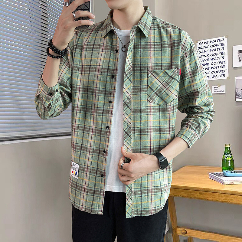 10994609.克里普 港风衬衫男士春秋款长袖格子衬衣男装潮牌上衣青少年休闲宽松外套